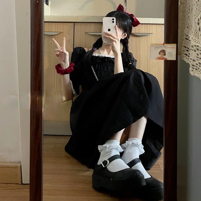 Платье женское черное с пышными рукавами простой Повседневный Сарафан во