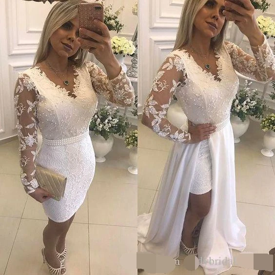 

White Pearls Short Party Evening Dresses With Detachable Skirt Illusion Long Sleeves Lace Formal Prom dresses For Evening dress