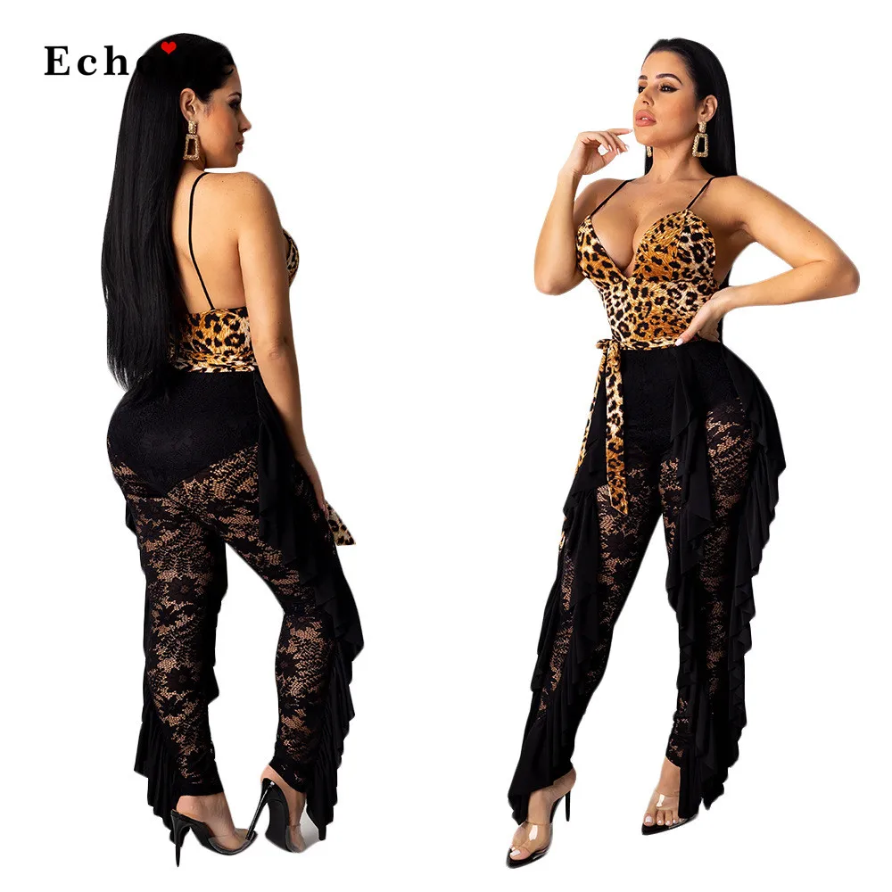 

Women Sexy Jumpsuit Leopard Print Patchwork Bow Lace Up Ruffles Long Pencil Pants Lure Mesh Semitransparent Street Slinky Romper