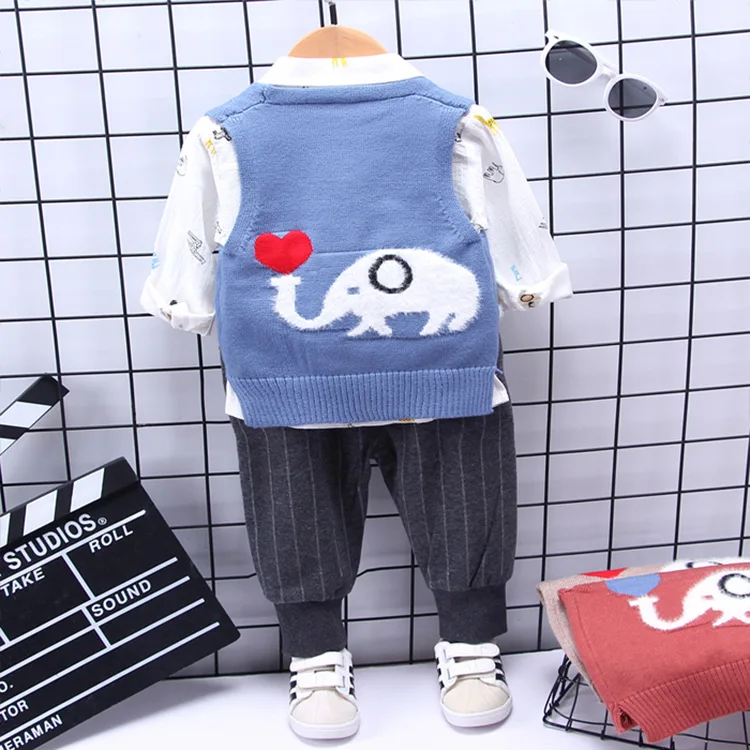 Baby Boys Girls 3PCS Clothing Sets Infant Clothes Kids Cartoon Elephant Vest + Shirt Pant Autumn Children Casual Suit | Детская одежда