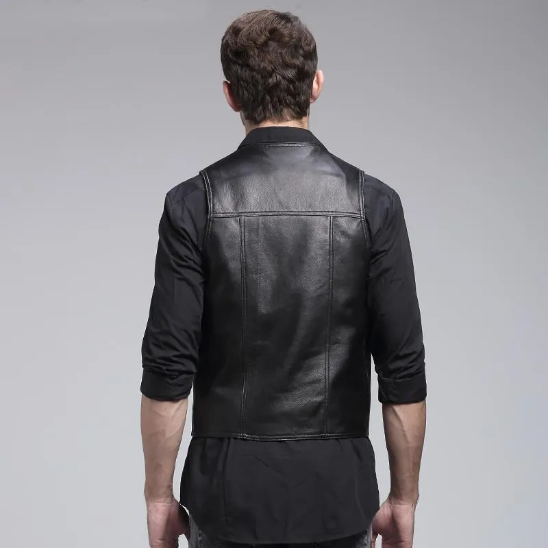 

2021 Black Men Genuine Leather Vest Casual Style Plus Size 4XL Real Thin Sheepskin Spring Slim Fit Short Natural Coat