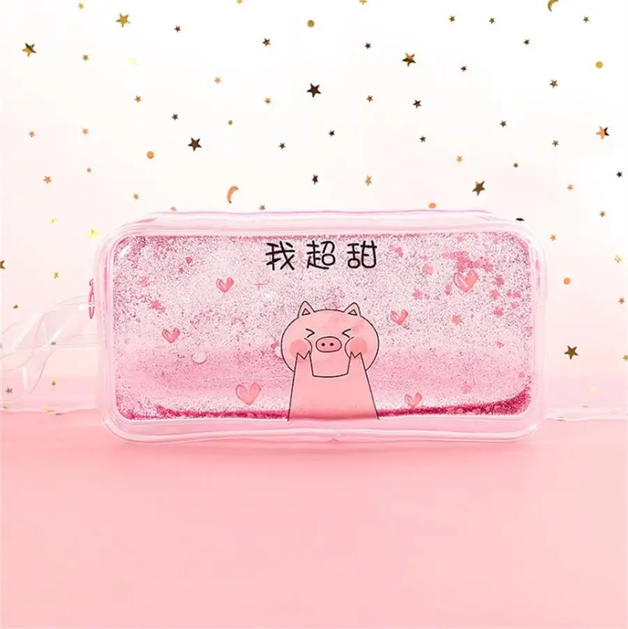 Kawaii Qiuck песок пенал мультфильм Свинья девушки макияж ручка мешок большой емкости прозрачная сумка для хранения школьные канцелярские принадлежности - Цвет: 3