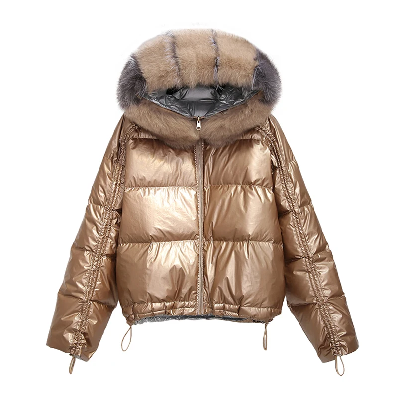 Женское хлопковое блестящее пальто с капюшоном и меховым воротником на молнии
