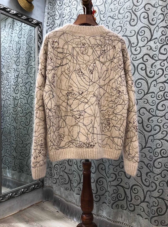 

2020 Autumn and Winter new women's round neck color matching pattern woven decorative long sleeve loose sweater 915