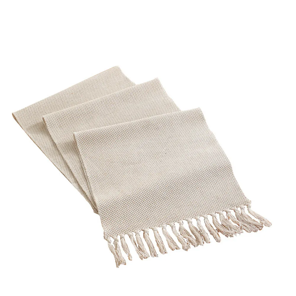 

Cilected Modern Simple Table Runner Beige Handmade Tassel Cotton Linen Tablecloth Household Runners Table Decoration