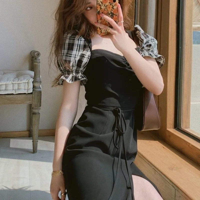 Женское платье с разрезом элегантное клетчатое в стиле пэчворк рукавами