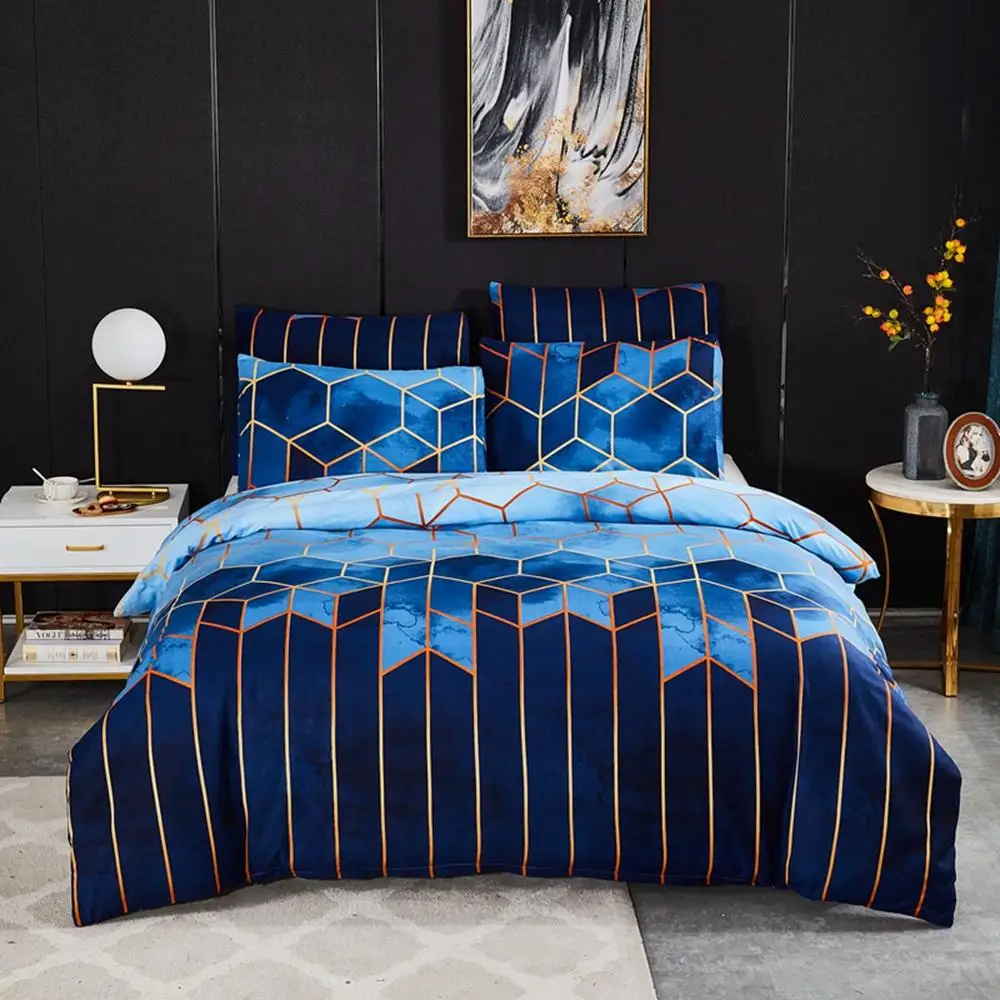 

51Geometric Plaid Gilt Duvet Cover Set 240x220 Nordic King Size Bedding Sets Double Queen Quilt Covers Pillowcase (No Bed Sheet)