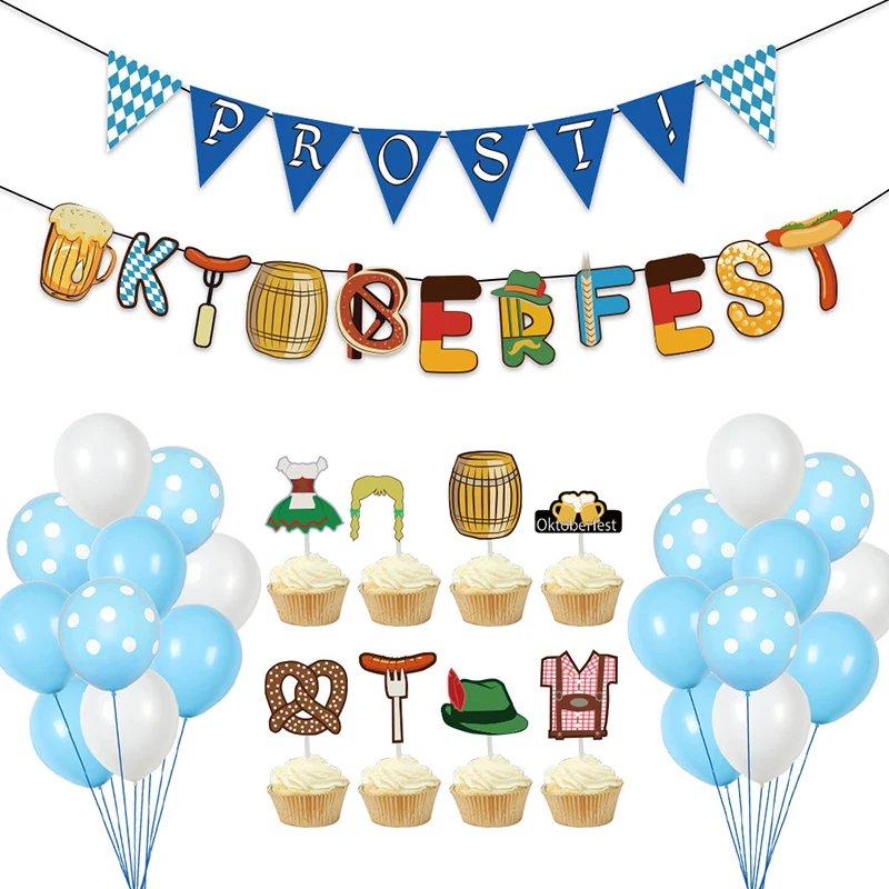 

27pcs/set White Blue Ballon Set Oktoberfest Banner Cupcake Topper for Oktoberfest Bavarian Party Cake Deocration Party Supplies