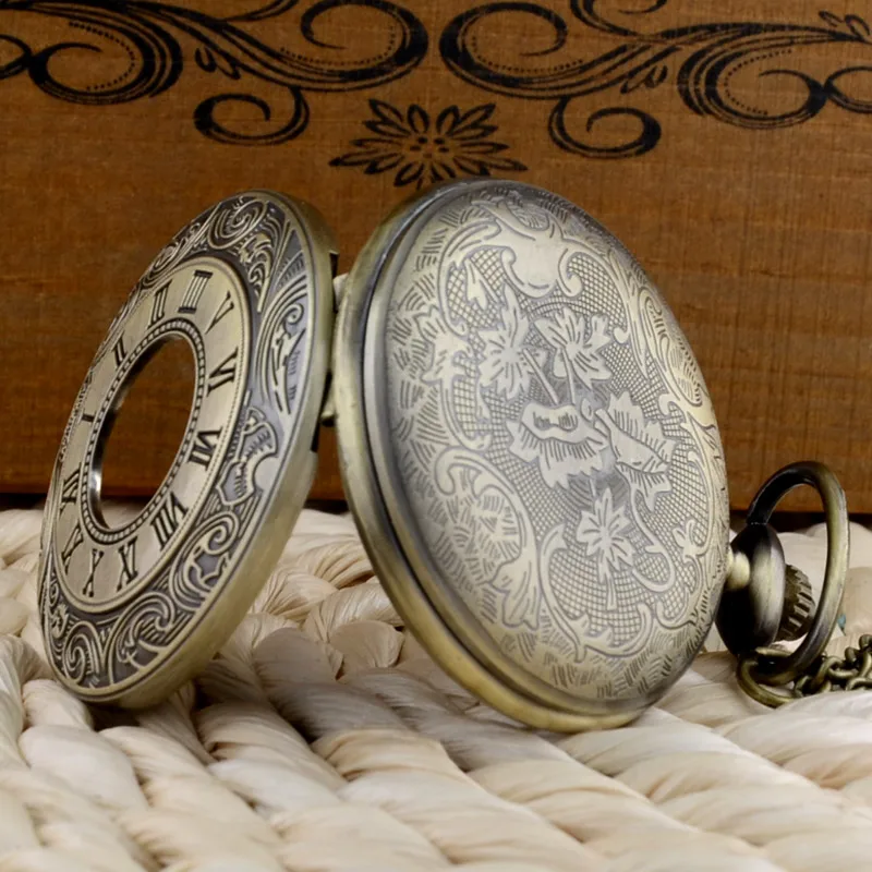 

Retro Bronze Roman Numerals Hollow Quartz Pocket Watch Chains Antique Men Gold Dial Pendant Necklace Clock Father's Day Gift