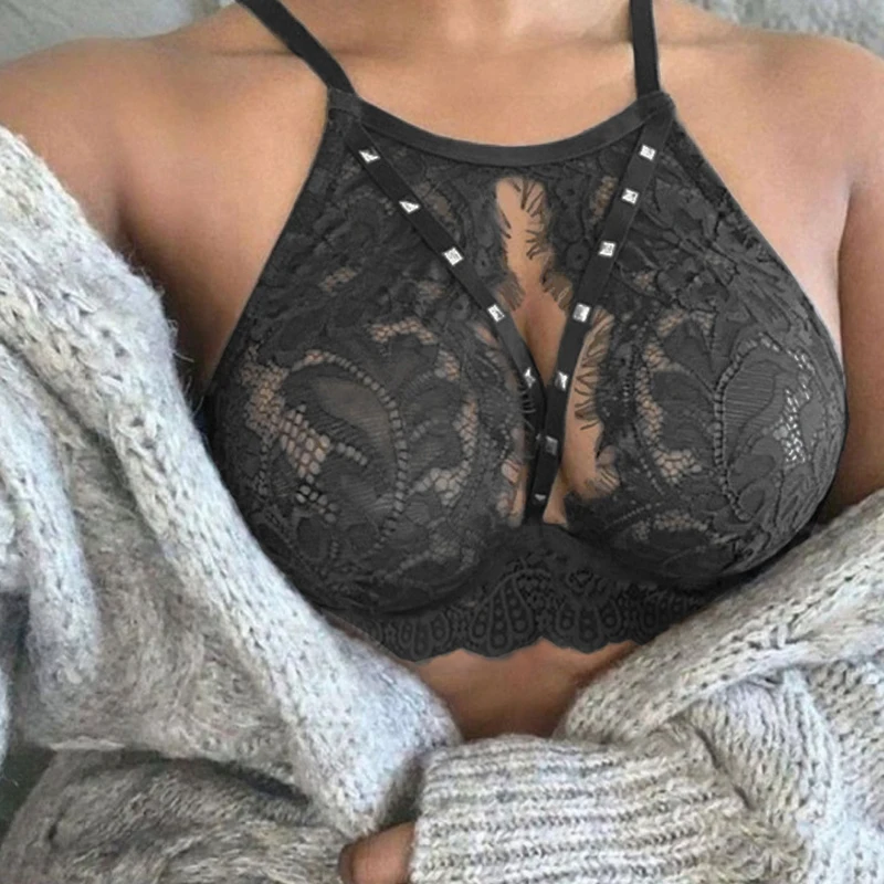 

Transparent Halter Exotic Tanks Porno Cropped Rivet Bralette Women's Bra Hollow Lace Sexy Lingerie Sexy Underwear Push Up Bras