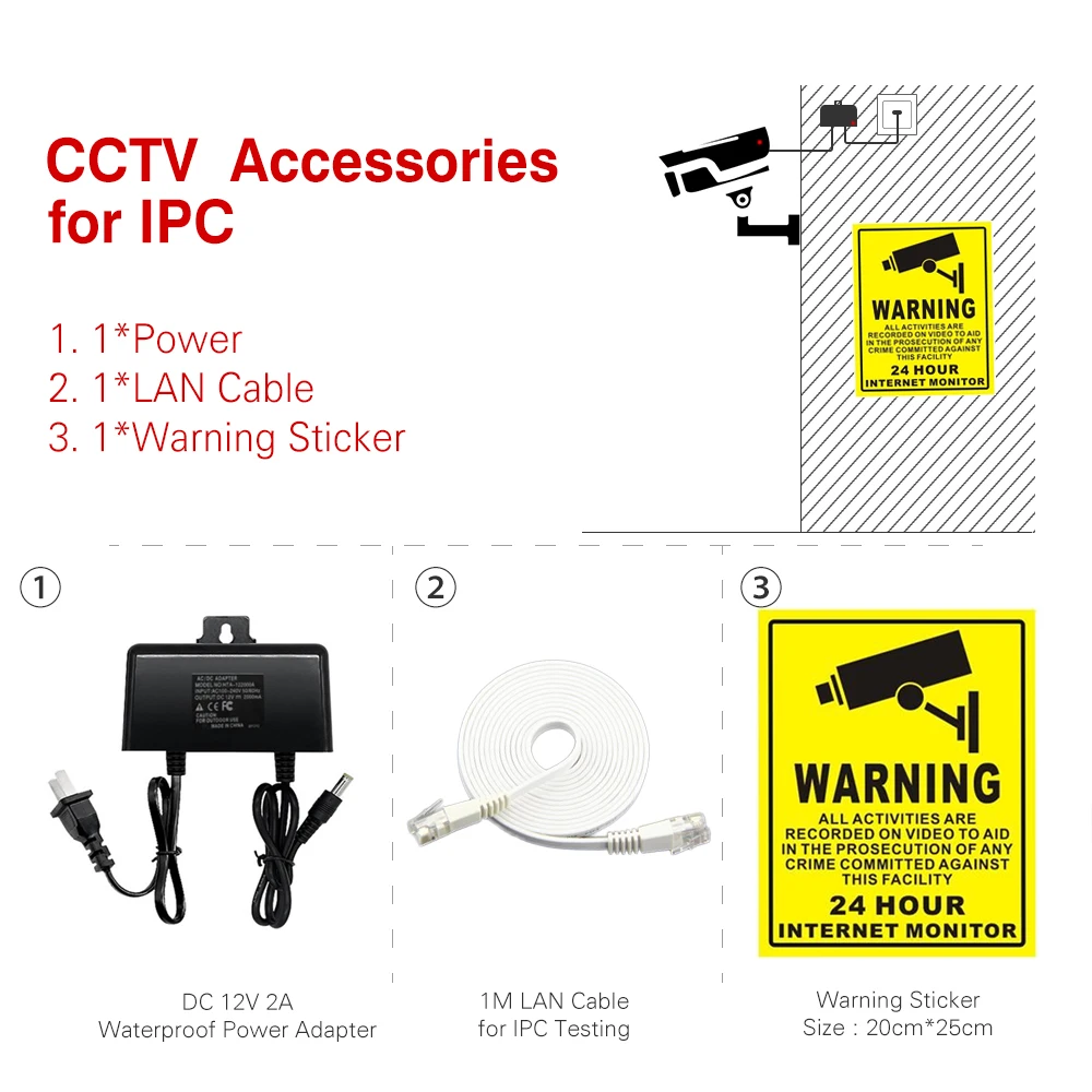 

CCTV Accessories bag : DC 12V 2A Power + LAN Cable 1M + Warning Sticker 20*25cm for Hikvision IP Camera Kits Security Systems