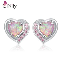 cinily pink created fire opal pink zircon silver plated wholesale fashion jewelry heart for women stud earrings 13mm oh4272