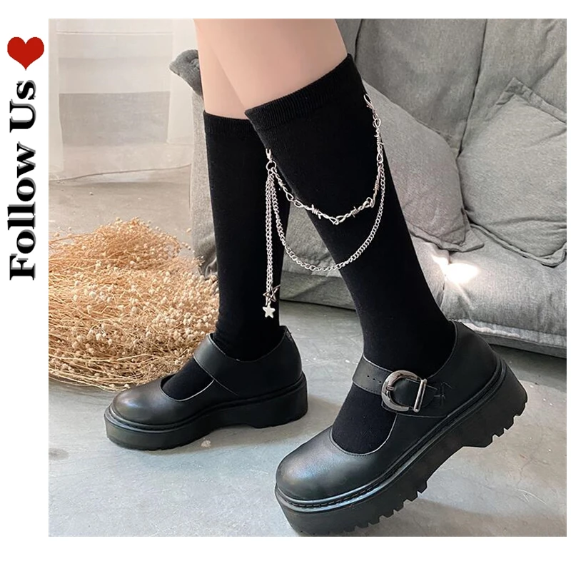 

Gothic Dark Punk Chain Woman Socks 2021 Korea Harajuku Cotton Black Girl Pile Socks Sexy Lingerie Lolita Women's Stockings