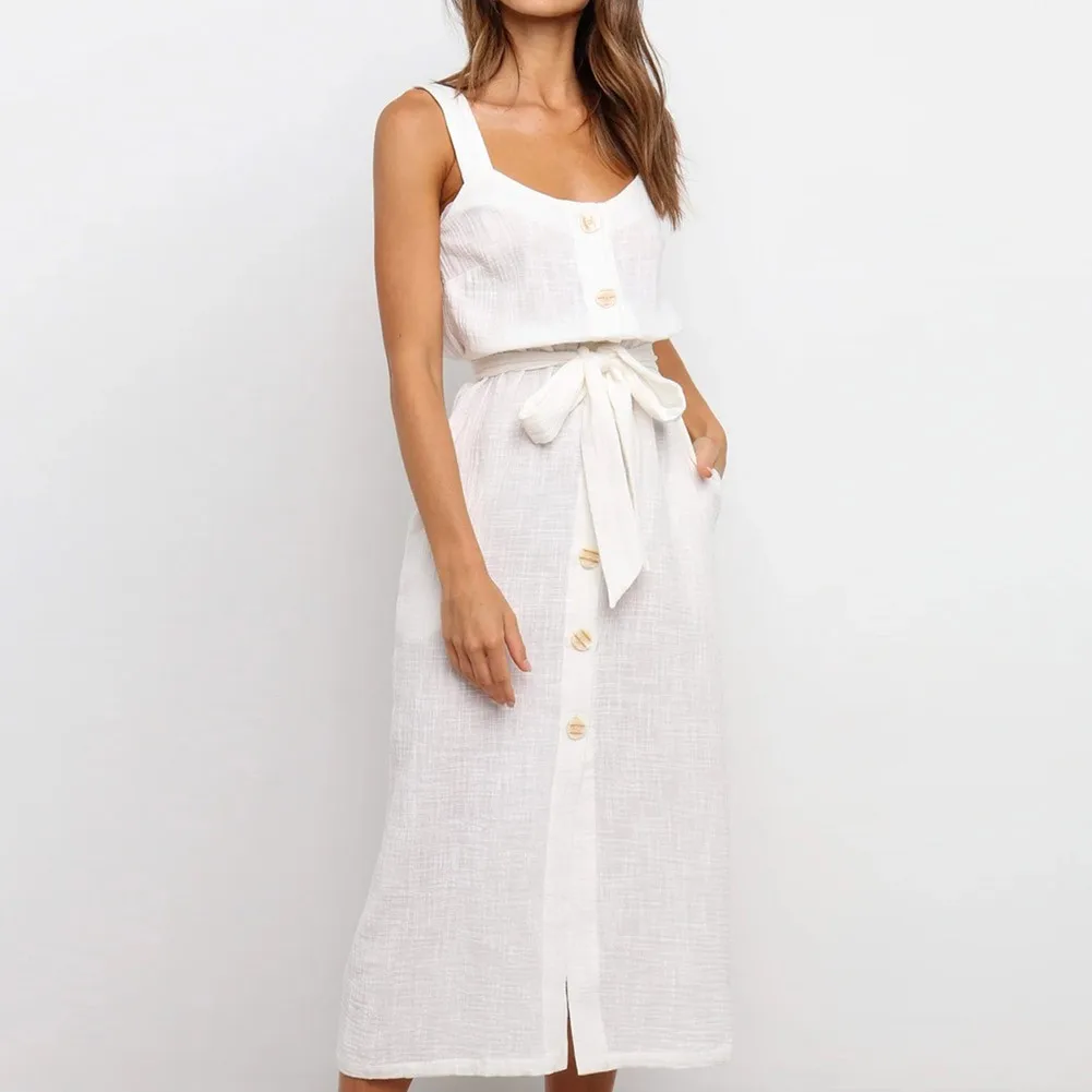 

2021 Women's Summer Solid Color Casual Sexy Sleeveless Button Split Foam Crepe Bandage Bow-Knot Dress With Pocket Plus Size XL