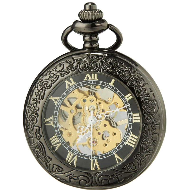 

SEWOR Vintage Magnifier Skeleton Pocket Watch Black Case Mechanical hand wind C133