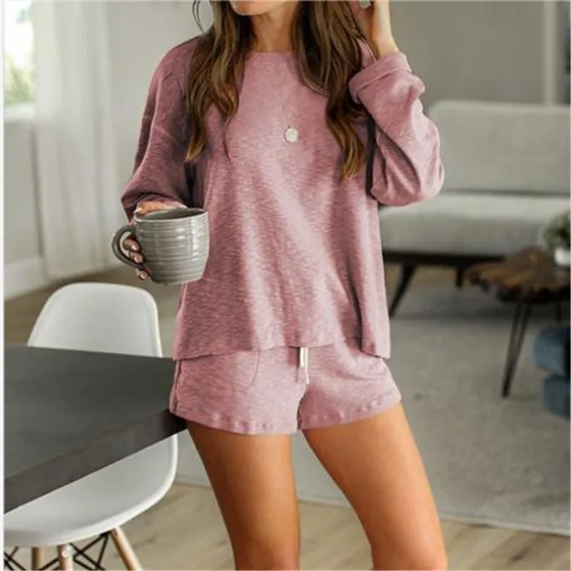 Korean Style Women Clothing Sets New Long Sleeves Tops Shorts Loose Female Home Clothes Costume Suits Pink Blue 2pcs Set | Женская