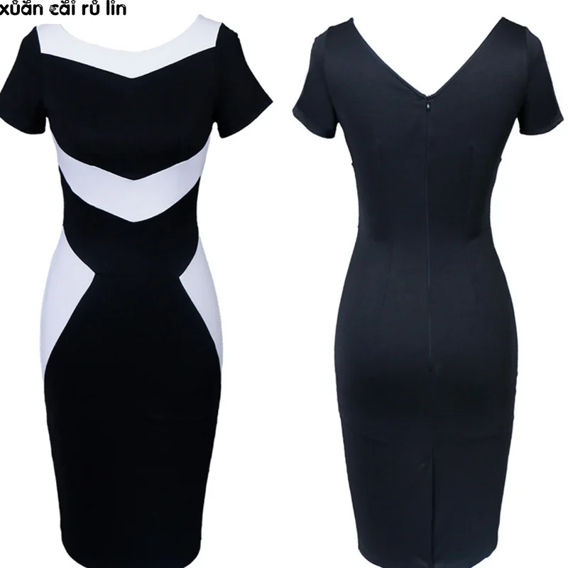 Женские офисные платья карандаш черные и белые средней длины с разрезом больших
