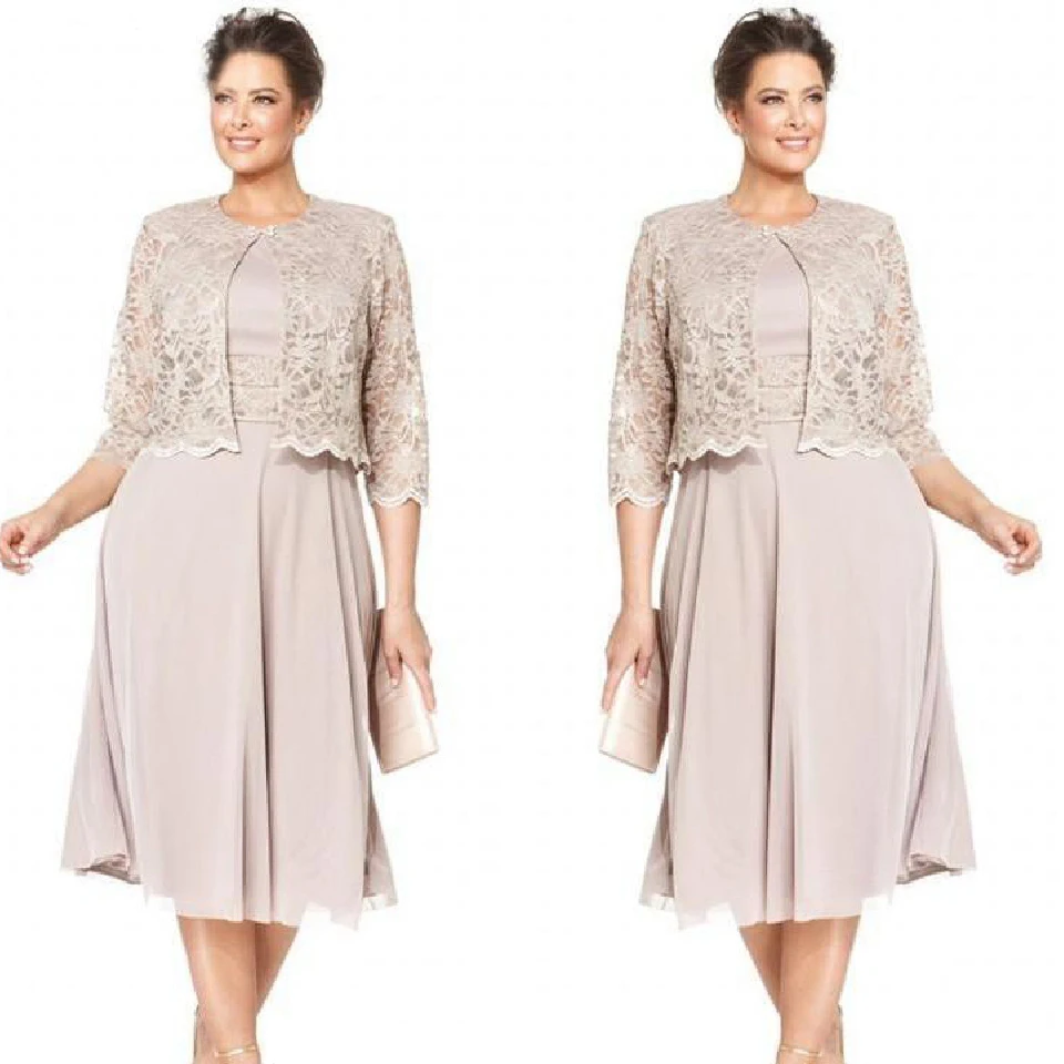 

With Jacket Mother Of The Bride Dresses A-line Scoop Tea Length Chiffon Lace Plus Size Short Groom Mother Dresses Wedding