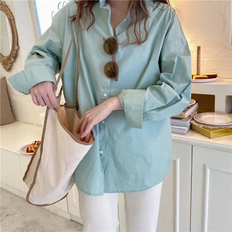 

Hot Basic Brief Casual Sweet Fashion Chic All Match Minimalist Oversize Elegant OL Solid Blouses Loose Women Shirts