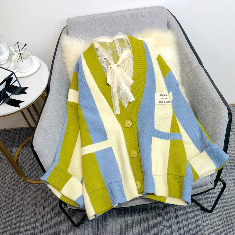 Осенний Повседневный Свободный вязаный кардиган большой размер многоцветный в