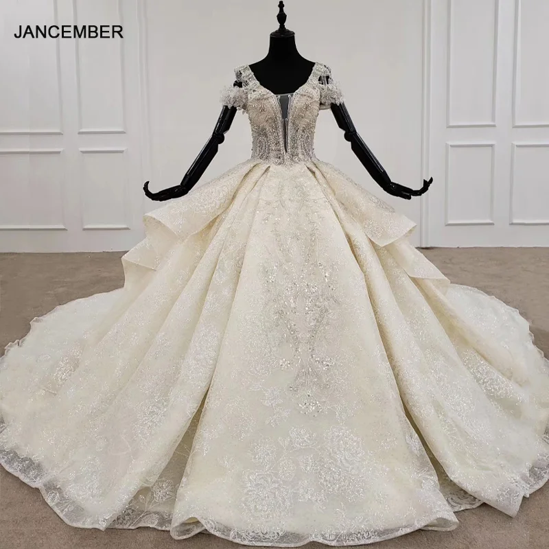 

HTL1223 2020 spaghetti wedding dress illusion v-neck short sleeve crystal tassel lace up luxury wedding dresses suknia slubna