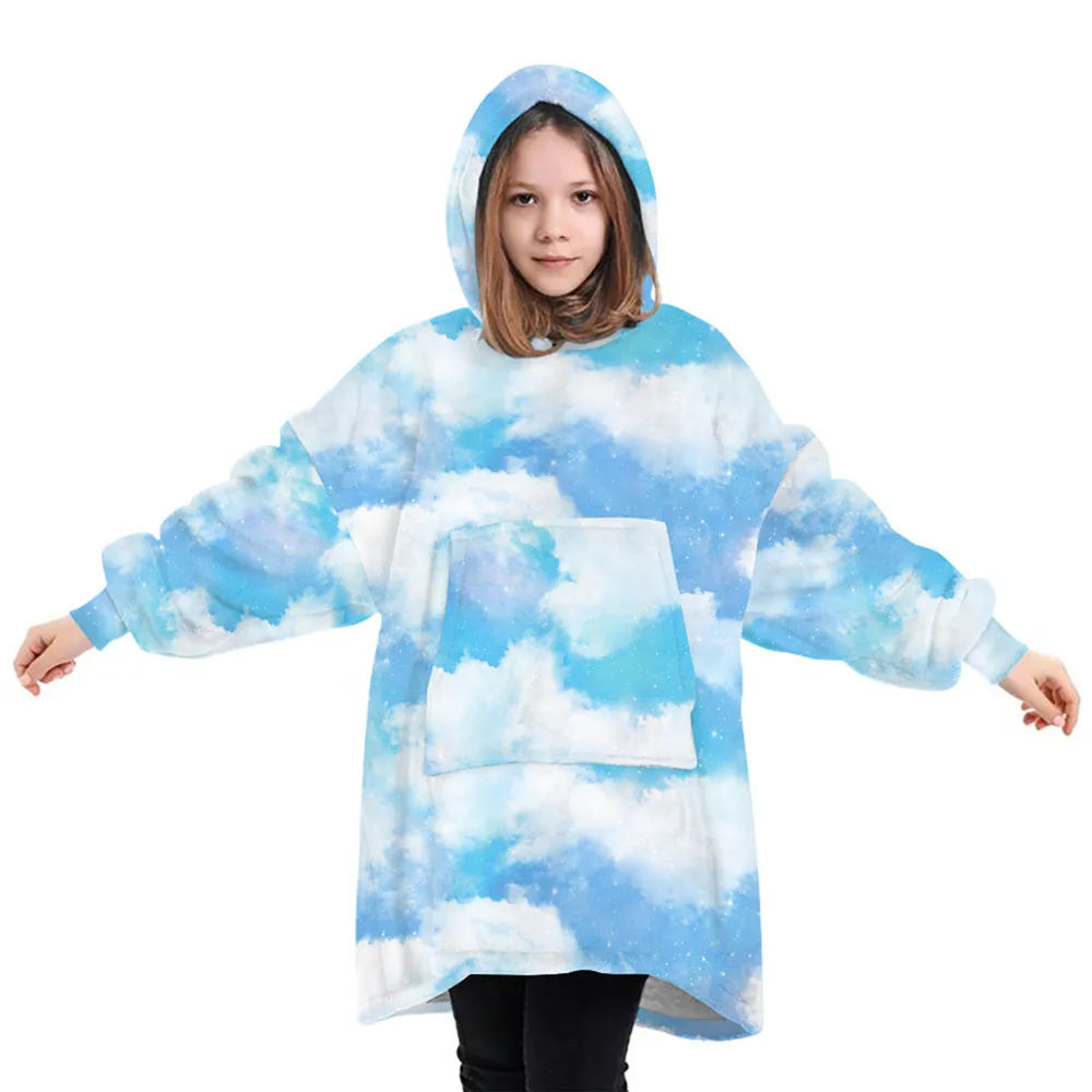 

New Kids Unisex Printed Wearable Blanket Hooded Sweatshirt Chikdren Boy Girl Fleece Oversized Hoodie Winter Warm Kangaroo 7-13Y