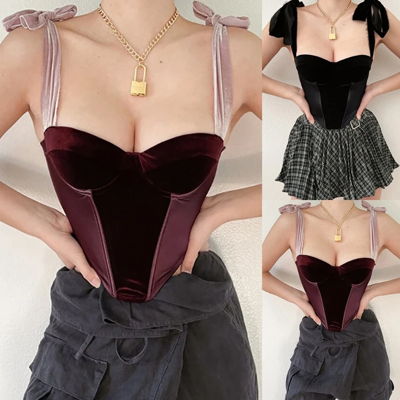 

Body Shaper Velour Tank Top Padded Underwire Boning Lining Tie Up Gothic Summer Bustier Women Casual Sexy Party Corset