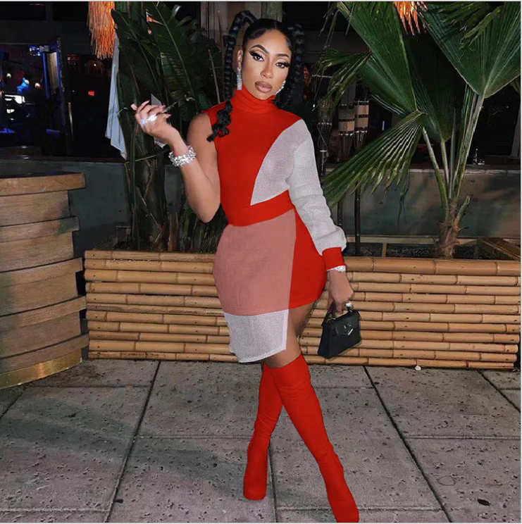 

2021 Hot Recommend Style Sweet Cool Girl Streetwear Contrast Patchwork Bodycon Casual Chic Dresses For Women Party And Club Wear