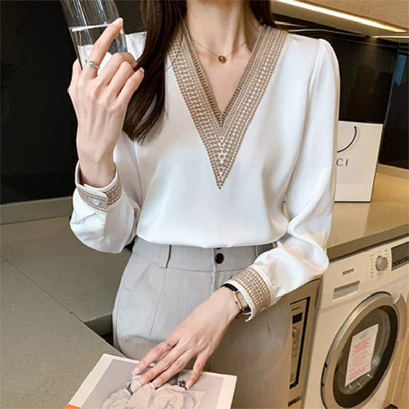 

V Neck Blouses Long Sleeve For Women Office Lady Elegant Satin Chiffon Shirt All-Match Casual Fashion Korean