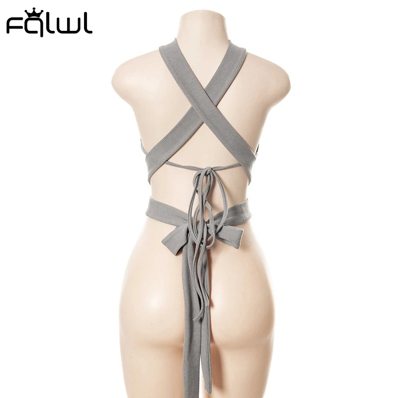 

FQLWL Summer Sexy White Grey Crop Top Women T Shirt 2021 Bodycon Knit Halter Corset Tops Female Bandage Backless Ladies Tank Top
