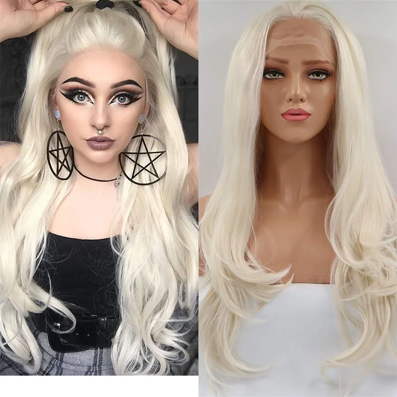 

Platinum Blonde Lace Front Wig Long Wavy Heat Resistant Fiber Hair Glueless Lace Wigs Natural Hairline