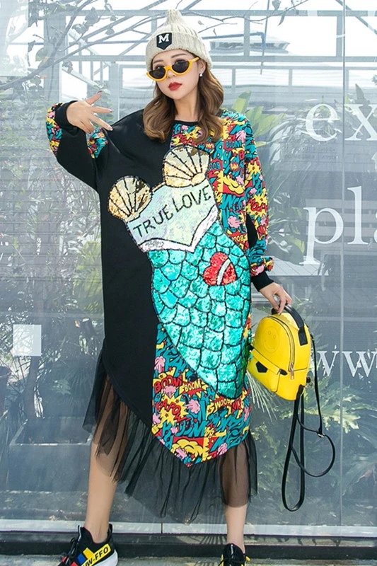 

Thai street fashion thick cartoon sequin print long-sleeved sweater female long section mesh stitching dress autumn