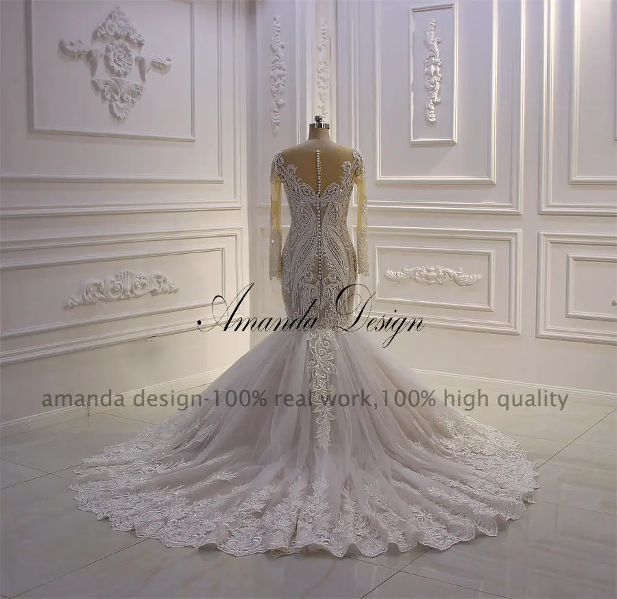 Аманда дизайн vestido de boda длинный рукав кружева Аппликации Шампанское Русалка свадебное платье