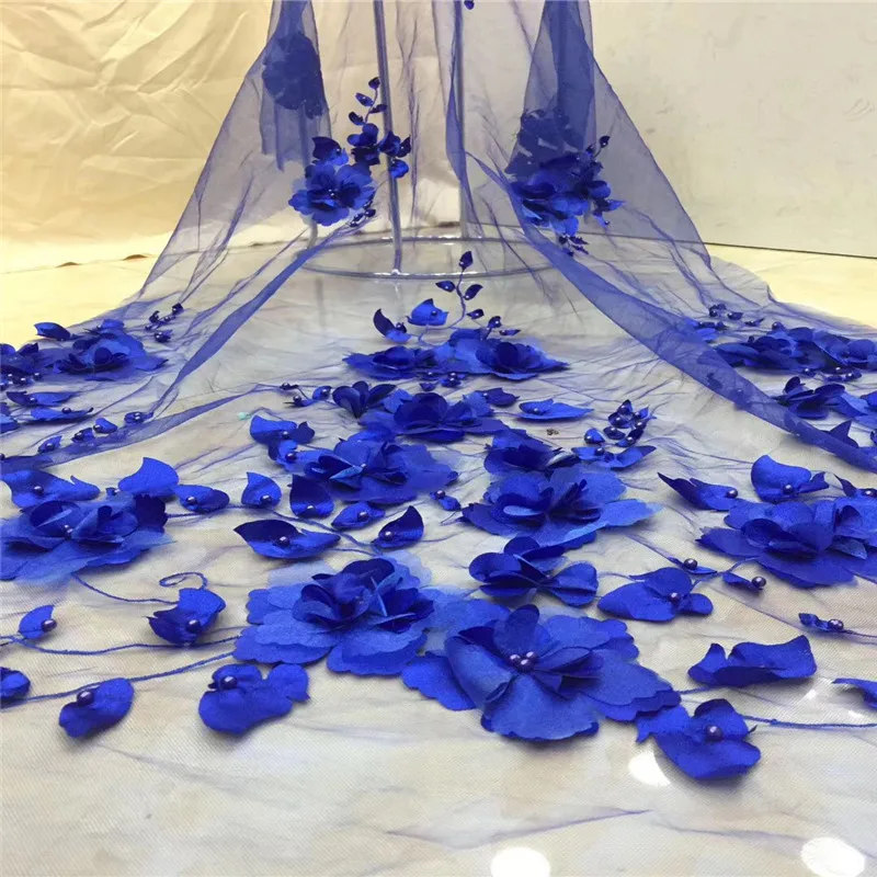 Озеро синий 3D цветок Африканский французский сетчатый бисер кружевная ткань