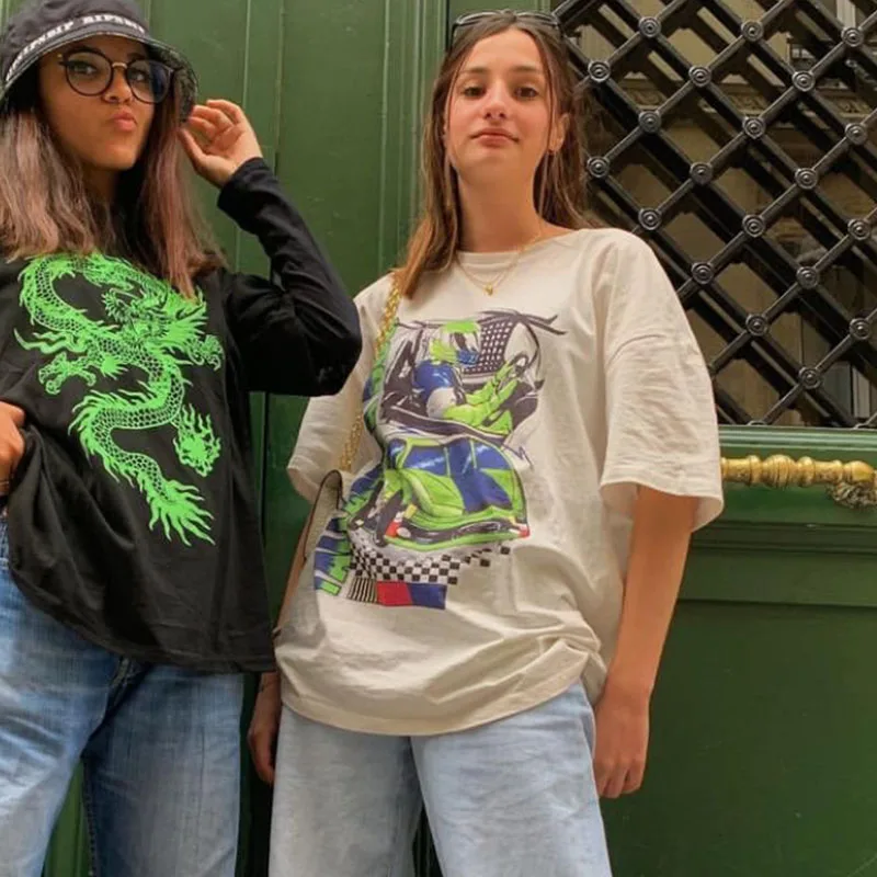 

B-TOTO American Retro White Cool Sports Car Print Short-sleeved T-shirt Female Summer Fashion Ins Shirt 2021 New Fashion