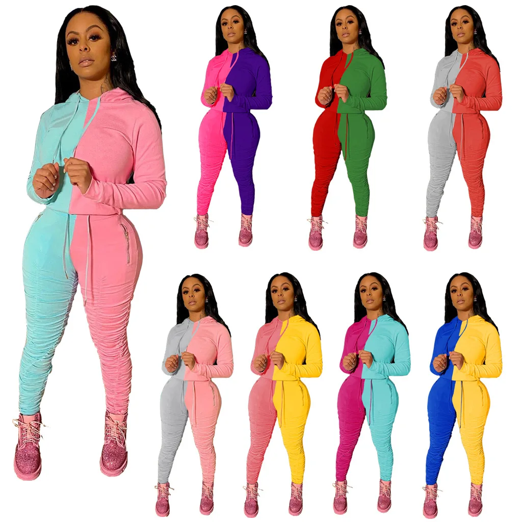 

2020 Autumn Active Wear Patchwork Women's Set Long Sleeve Hoodies Stacked Jogger Pants Tracksuit Fitness Sporty Two Piece Set