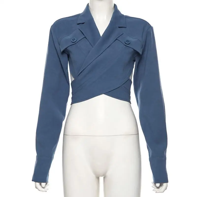Misswim Elegant long sleeve crop top Blazer coat women Autumn buttons blazer female Cross strap fashion outwear Streetwear new