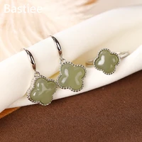 bastiee natural stone clover 925 sterling silver jade jewelry sets for women rings stud earring beads luxury gifts jewellery set