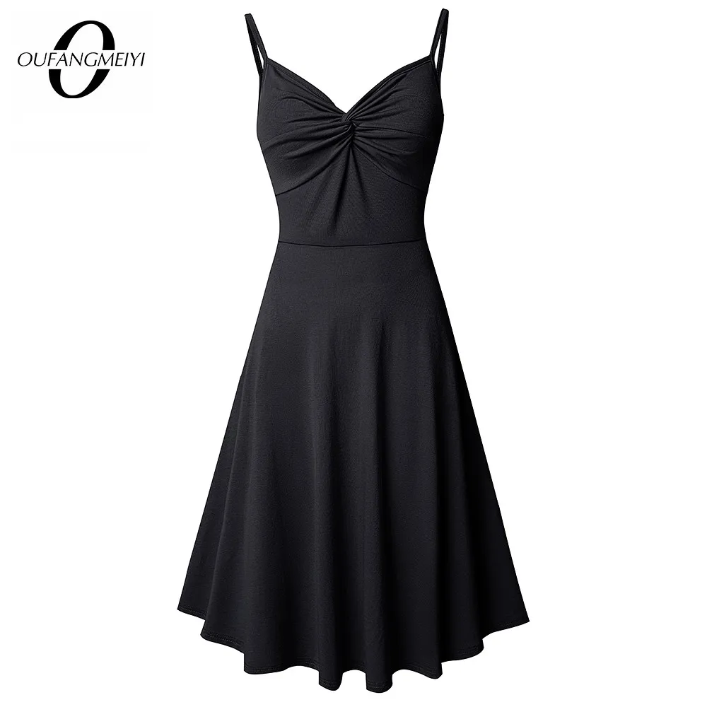 

Women Summer Sexy Pure Color Low Cut Adjustable Spaghetti Strap Swing Flowy Sundress with Pockets EA268
