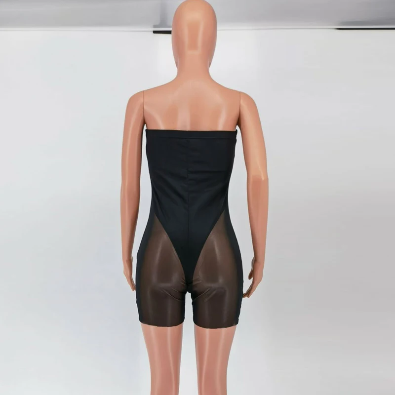 

Kricesseen Sexy White Strapless Mesh Skinny Short Jumpsuit Women Summer Sporty Active Wear One Pieces Romper Biker Playsuits