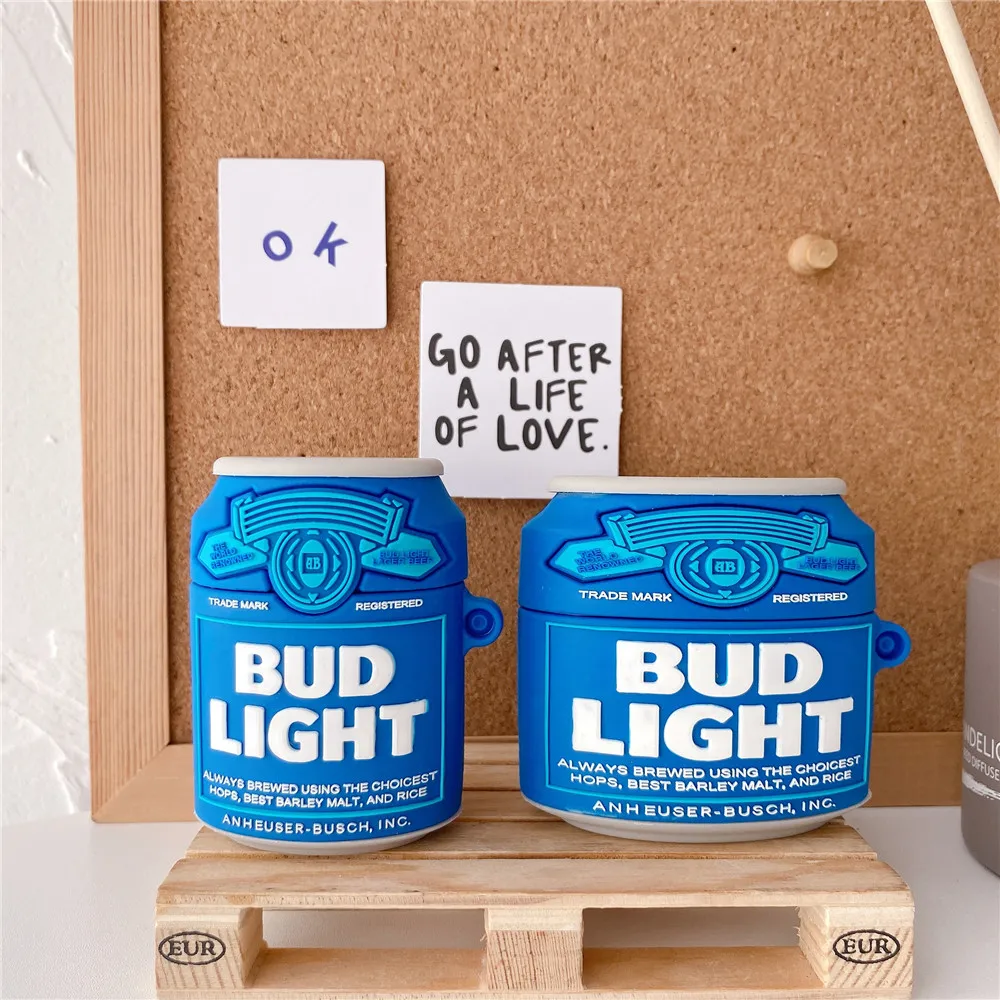 3D чехол для наушников Budweiser в виде бутылки пива Airpods 1 2 3 Pro синяя силиконовая банка