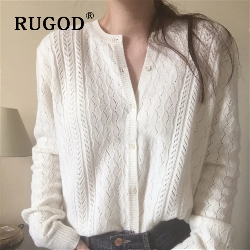 RUGOD однотонный вязаный кардиган ажурный свитер женские свитера 2019 зимние топы