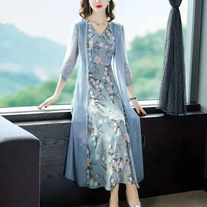 Dress Suit Women's Fashion 2021 Summer Chiffon Cardigan And Printed Chiffon Long...