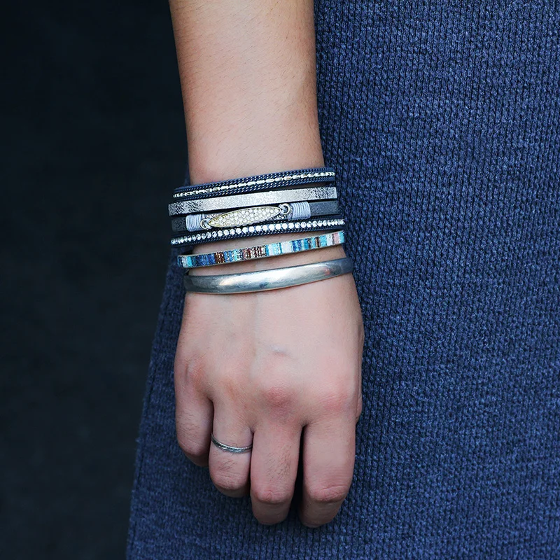 

2020 New Fashion Bohemian Multilayer Leather Bracelet Wristband Female Wide Magnetic Clasps Wrap Bracelets & Bangles for Women