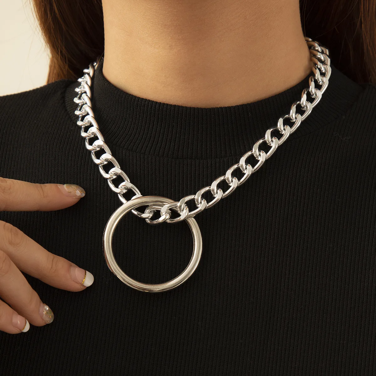 

Hip-hop Hipster Single-layer Geometric Ring Necklace Exaggerated Thick Metal Chain Necklace for Women Jewelry