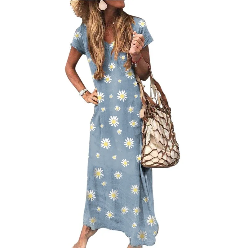 

Summer Daisy Print Maxi Dress Summer Short Sleeve Loose Party Dress Casual Women Vintage Sundress