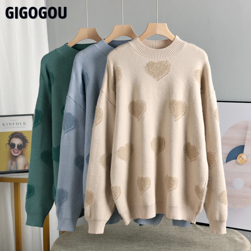 

GIGOGOU OverSized Love Print Knitted Fluffy Sweater Green Pink Pullover Women Winter Loose Long Sweaters Streetwear Sueter Mujer