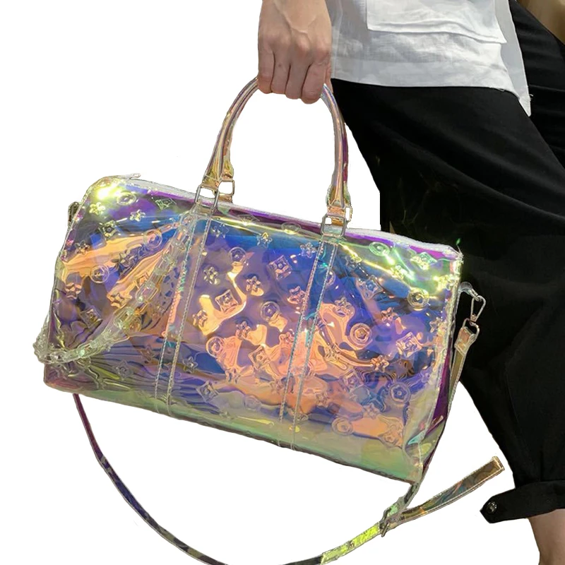 Радужная Лазерная спортивная сумка для девочек, блестящая Женская дорожная сумка, ПВХ голографическая сумка для багажа, прозрачная, женская сумка с голограммой, чемоданы