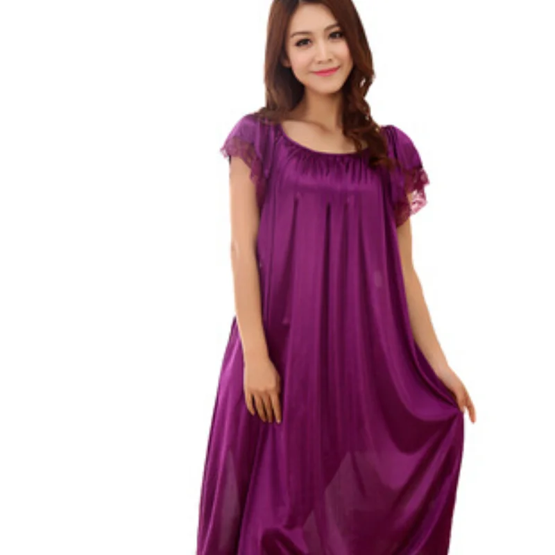 

2021 New Arrival Sleepwear,Fashion Home Apparel Round Collar Female Silk Nightgowns,Hot Sale Lace Short Sleeves Women Nightwear