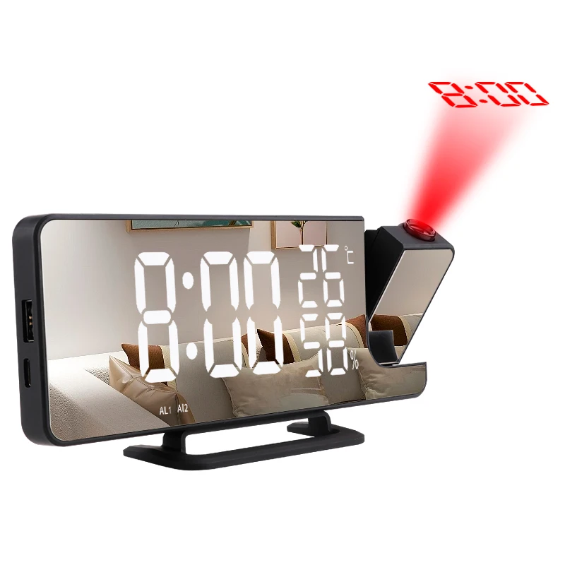 LED Digital Mirror Projection Alarm Clock Home FM Radio Thermometer Hygrometer USB Wake Up Watch 180° Projector Time Snooze Gift | Дом и сад